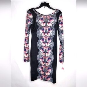 Xhilaration Womens Large Color Black/Floral V Print Long Sleeve Dress No Tags